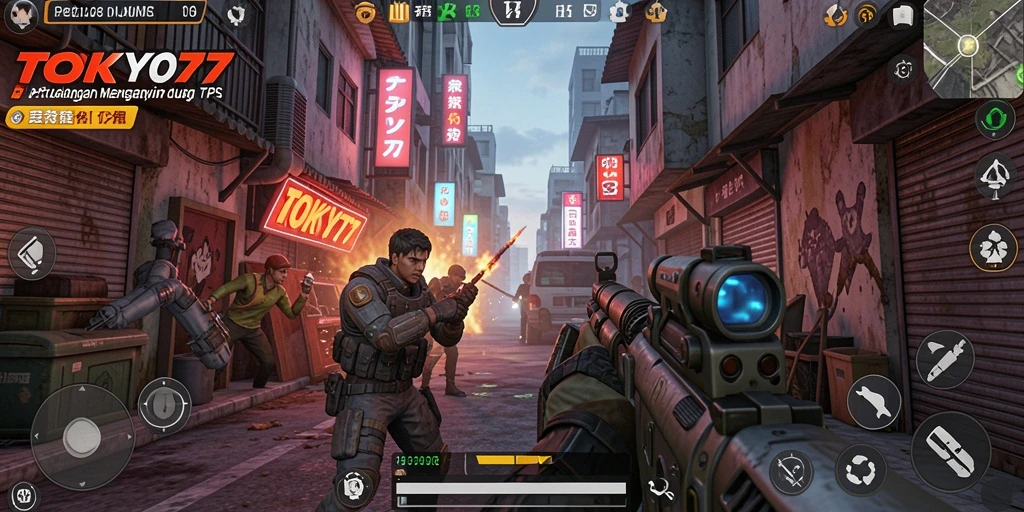 Tampilan gameplay mendebarkan TOKYO77 dengan aksi tembak-menembak.